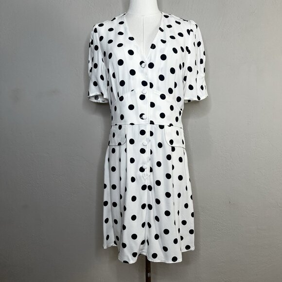 RIXO Mini Dress Laura Polka-Dot White V-Neck Short Sleeve Retro Size‎ Medium - Picture 1 of 11